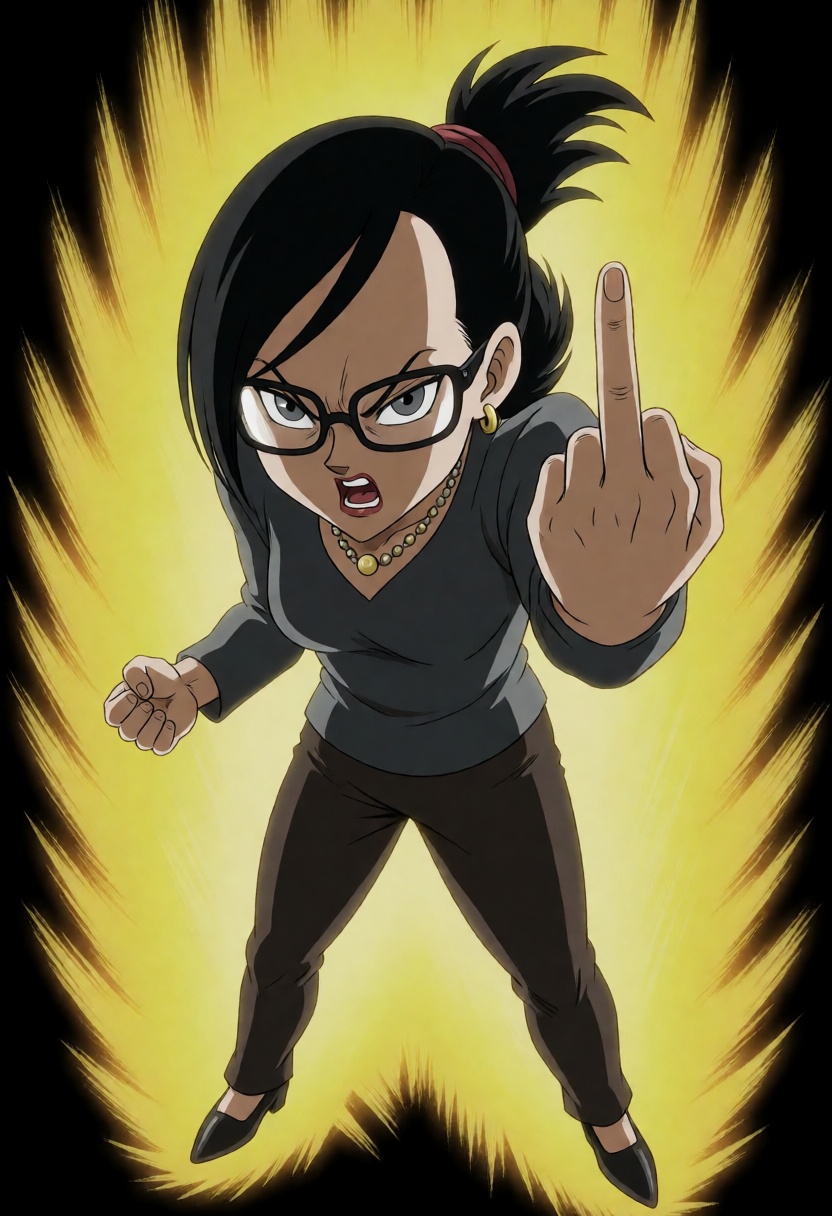 galosengen digital full body illustration in an anime style of a woman with black hair,  glasses,  folded ponytail on Tens...