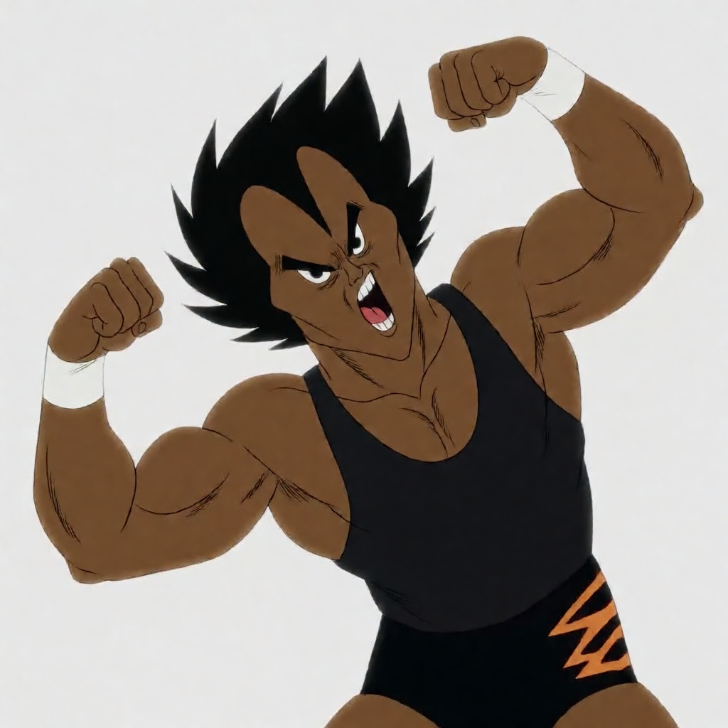 galosengen digital illustration in an anime style depicting a dark-skinned wrestler doing an exaggerated flexing pose. on...