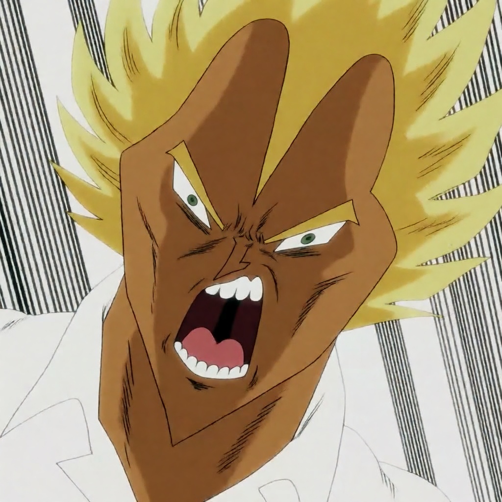 galosengen anime portait of an angry screaming man with tanned skin and yellow glowing hair over a white background with b...