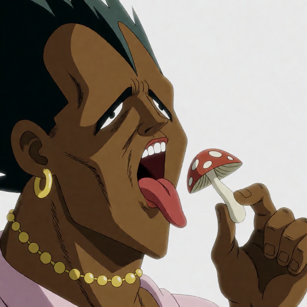 galosengen anime illustration of a muscular dark-skinned man licking a mushroom with his extended tongue on Tensor.Art