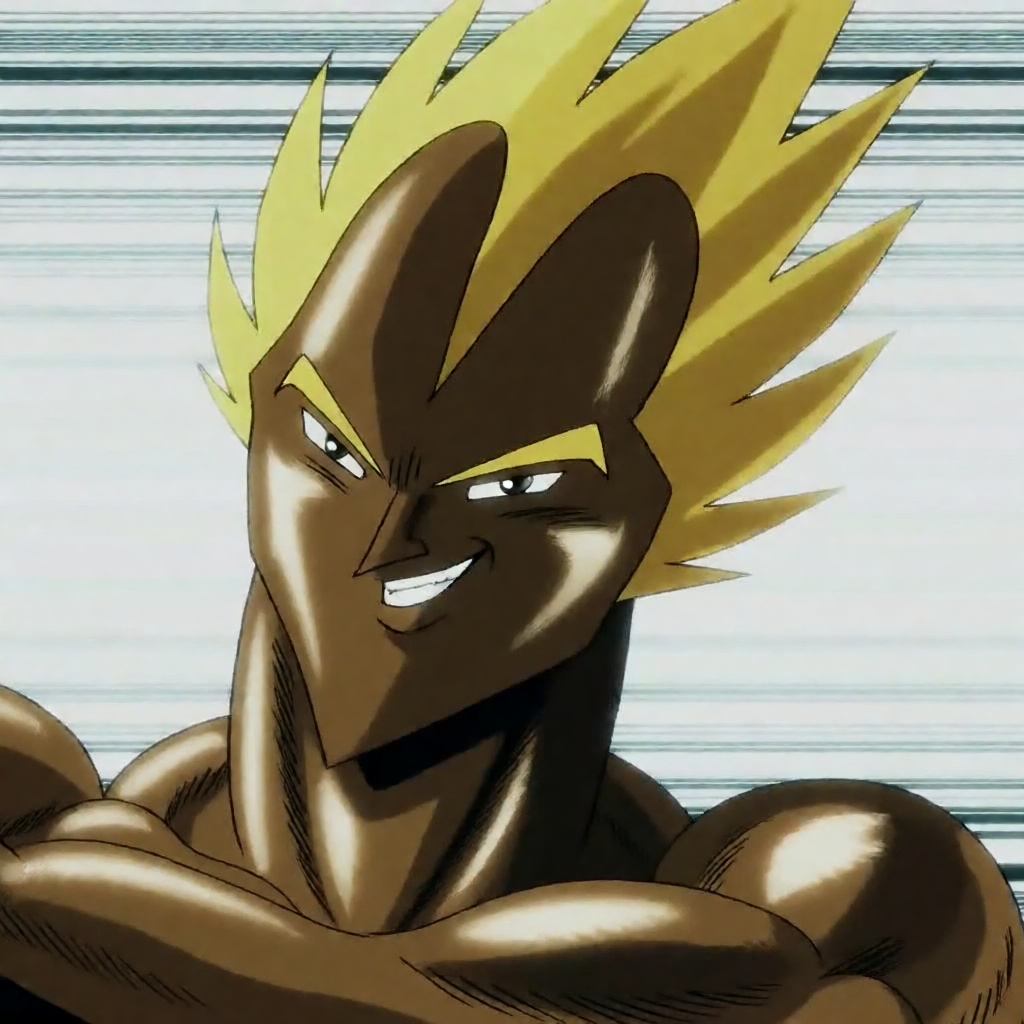 galosengen Digital illustration of a muscular,  dark-skinned male with yellow,  spiky hair and a confident on Tensor.Art