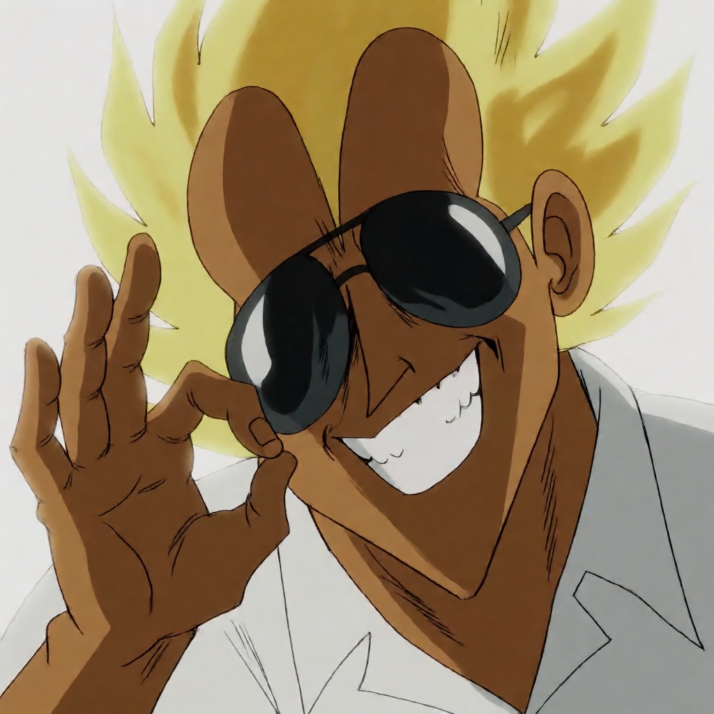 galosengen portait of a grinning man with sunglasses,  tanned skin and yellow glowing hair giving a thumb-to-index finger...
