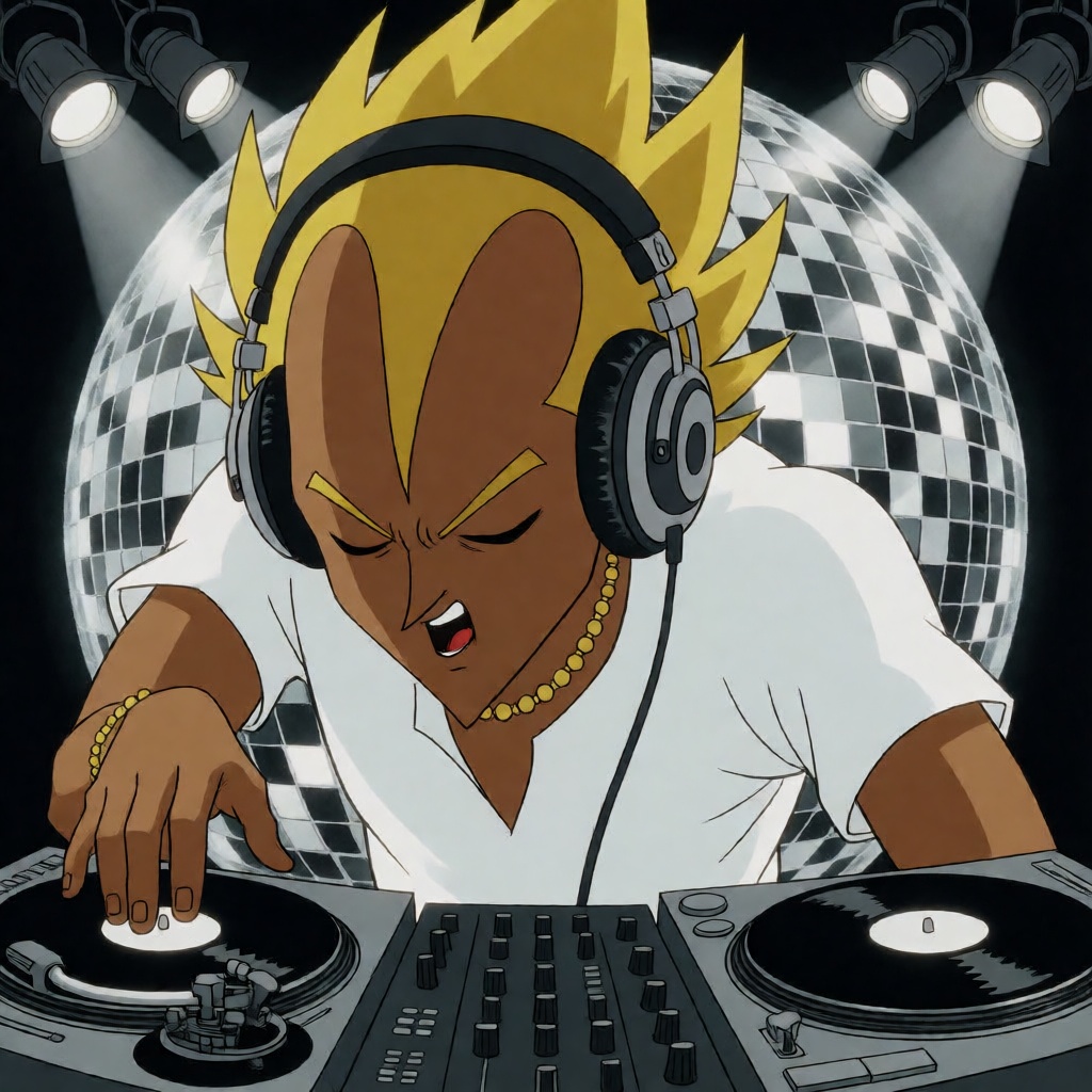 galosengen This is a digital illustration in an anime style depicting a dark-skinned male DJ with yellow,  spiky hair. He...