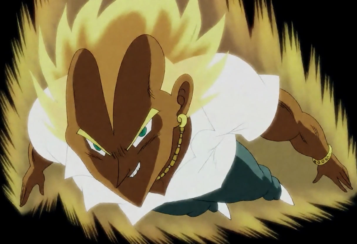 galosengen digital illustration in an anime style depicting a dark-skinned man with glowing yellow hair in a flying pose s...