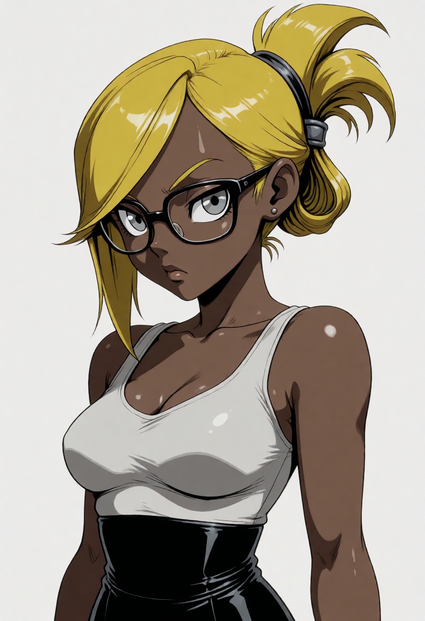 galosengen digital full body illustration in an anime style of a woman with dark skin and yellow hair,  glasses,  folded p...