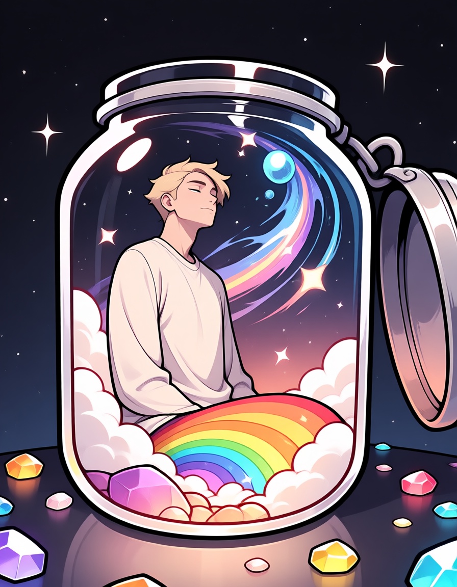 male focus,  solo,  a tall man with short blonde hair. sits upright and centered inside a large on Tensor.Art
