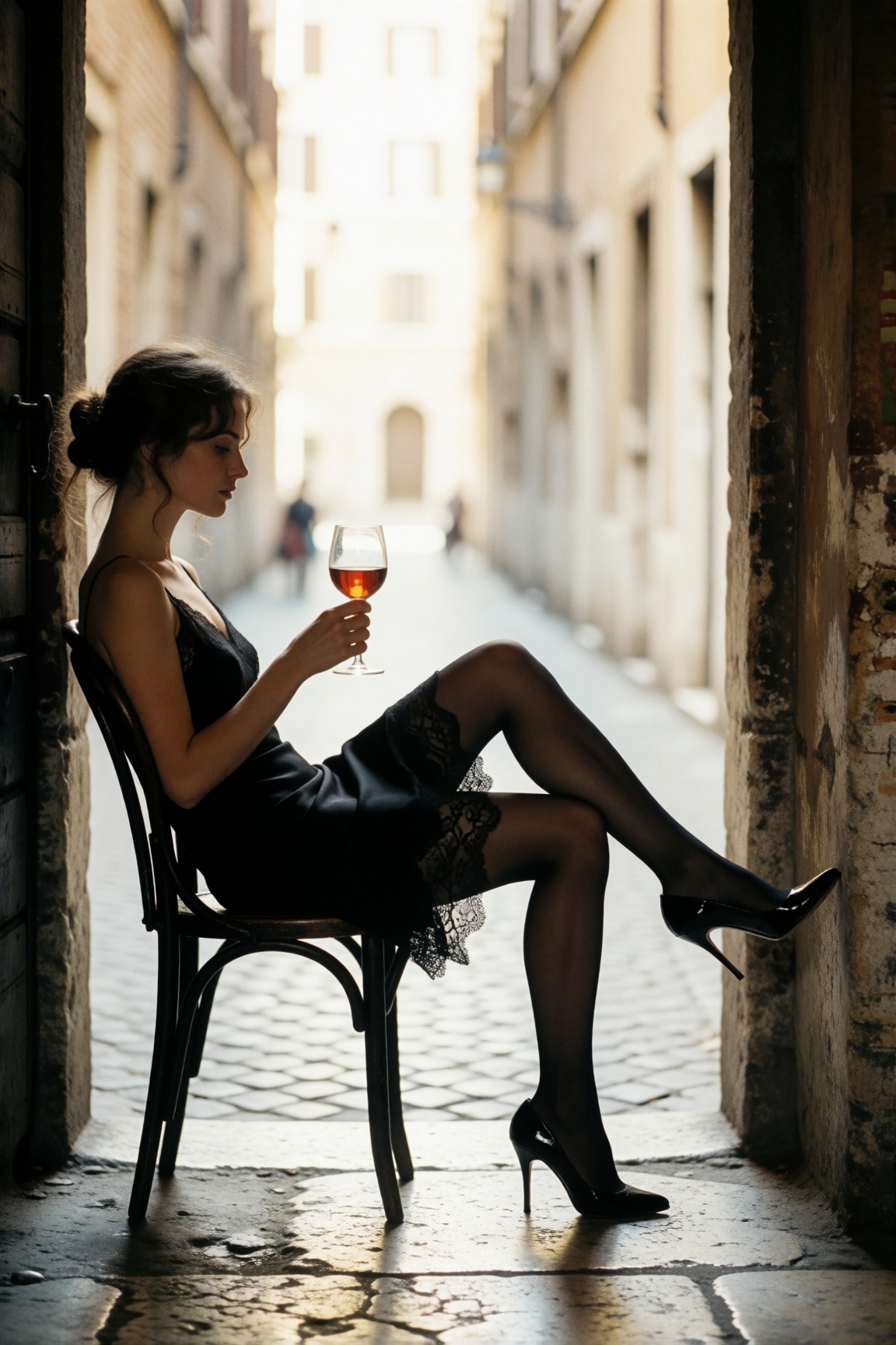 **Scene Description:** A high-contrast cinematic still shot capturing an intimate moment in the shaded threshold of an anc...