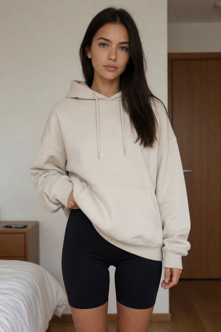 A photorealistic photograph of a woman with rectangle body shape,  small breasts and narrow hips,  wearing oversized hoodi...