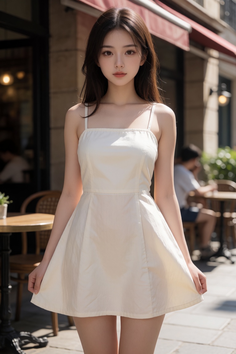 A photorealistic photograph of a woman with rectangle body shape,  small breasts and narrow hips,  wearing a sundress that...