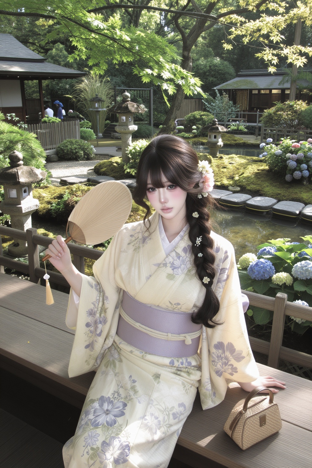character: ***** young Japanese woman wearing a ((pale yellow floral yukata)),  soft lavender obi,  hair arranged in a loo...