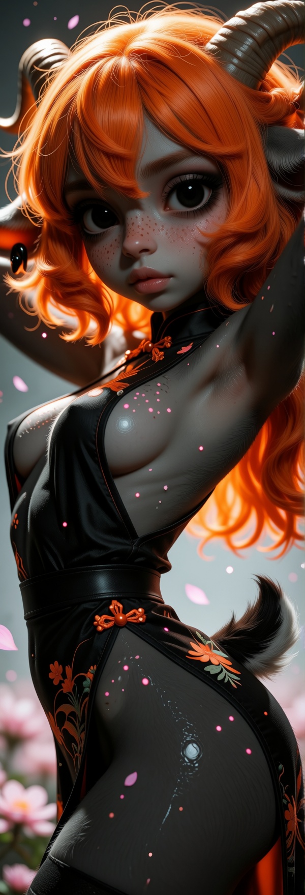 @Nan a small young anthropomorphic goat woman with thick lush vibrant orange hair,  large alluring black eyes,  (soft smoo...