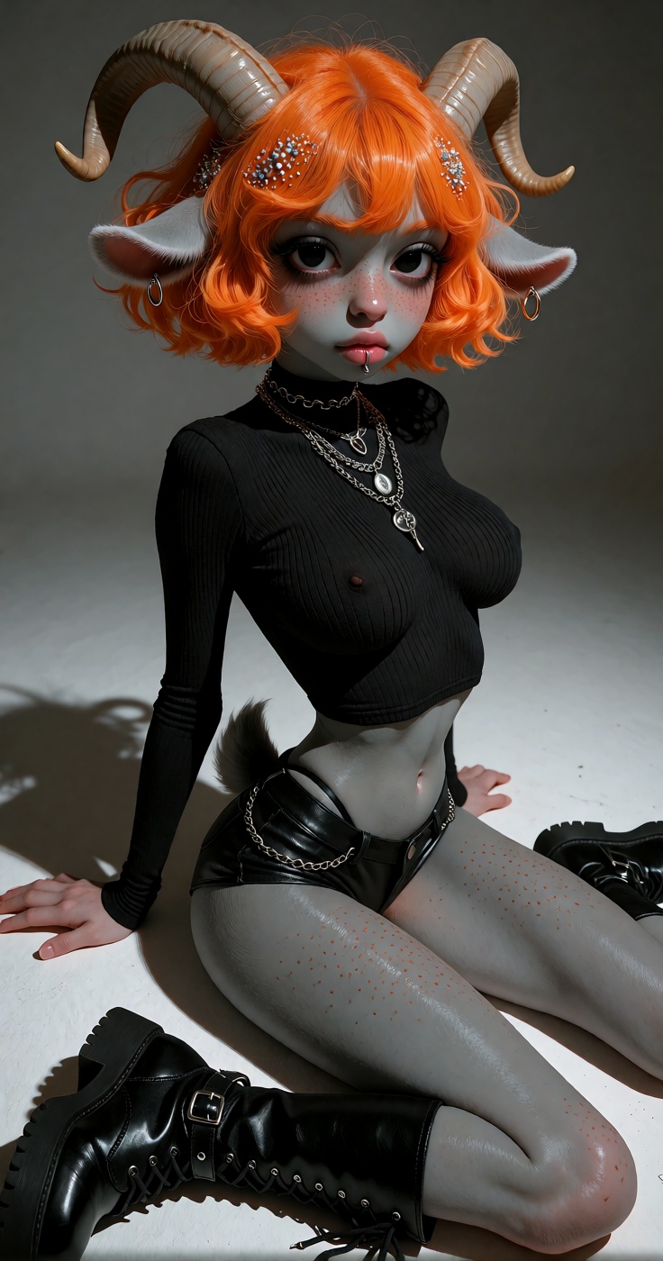 @Nan a small young anthropomorphic goat woman with thick lush vibrant orange hair,  large alluring black eyes,  (soft smoo...