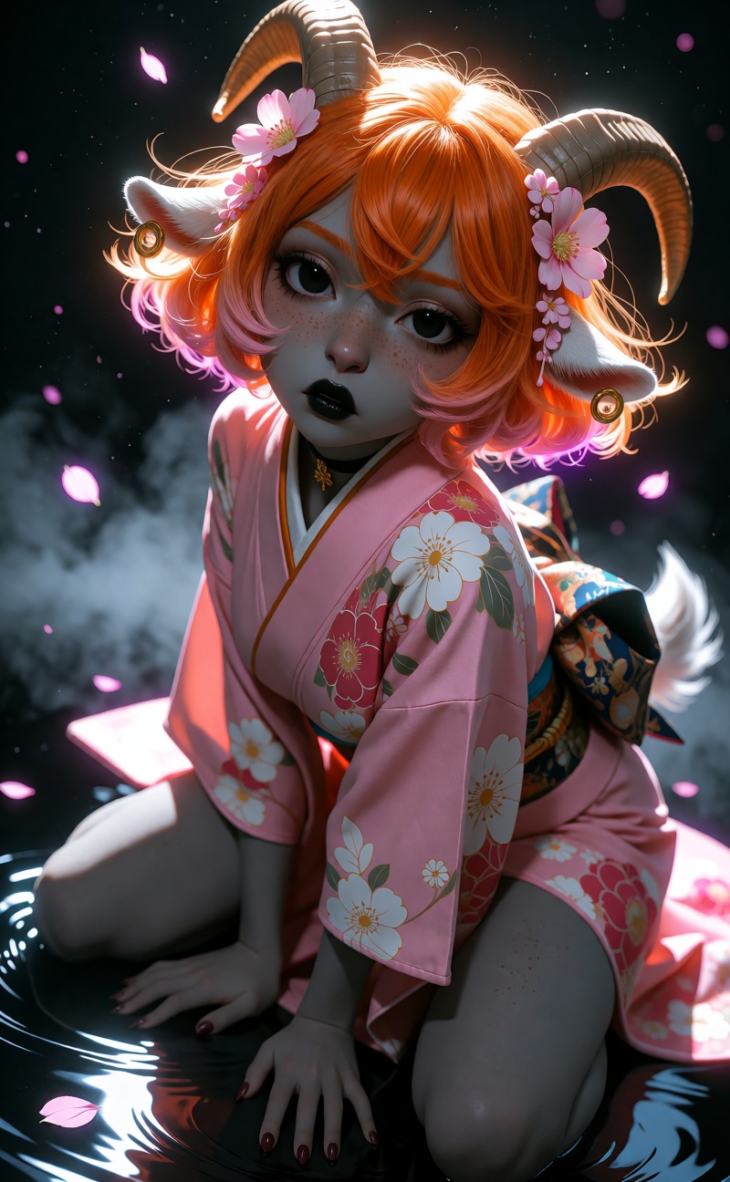 @Nan a small young anthropomorphic goat woman with short voluminous lush vibrant orange hair,  large alluring black eyes,...