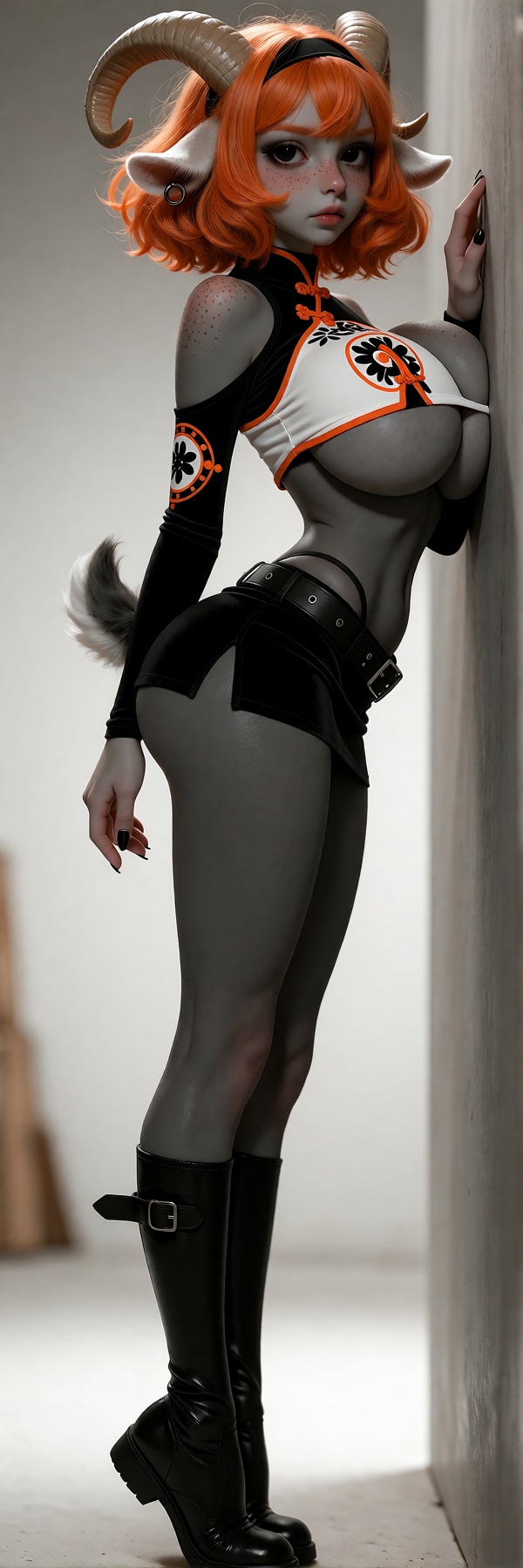@Nan a small young anthropomorphic goat woman with thick lush vibrant orange hair,  large alluring black eyes,  (soft smoo...