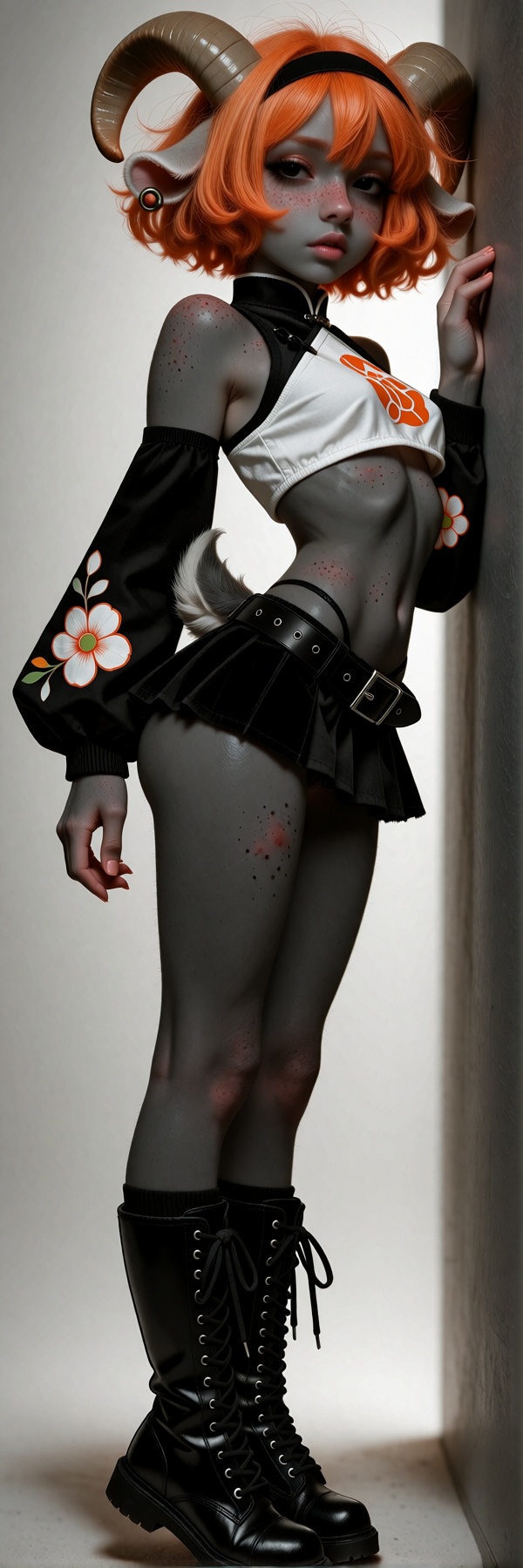 @Nan a small young anthropomorphic goat woman with thick lush vibrant orange hair,  large alluring black eyes,  (soft smoo...