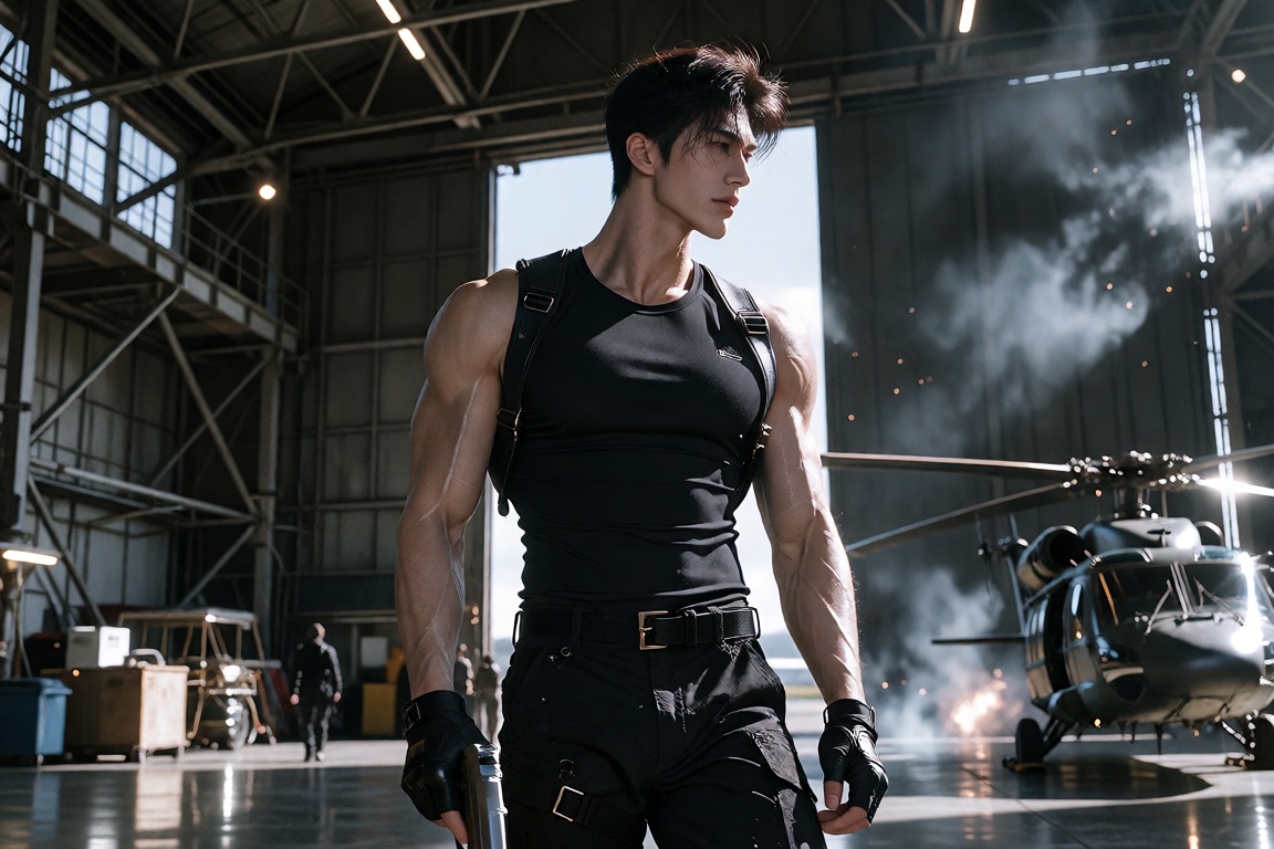 Cinematic blockbuster action-film portrait of an exceptionally handsome ***** East Asian man with short wind-swept black h...
