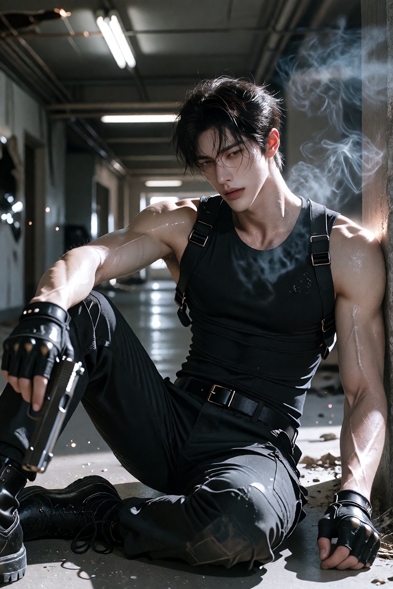Cinematic action-drama film still of an exceptionally handsome ***** East Asian man with slightly disheveled black hair,...