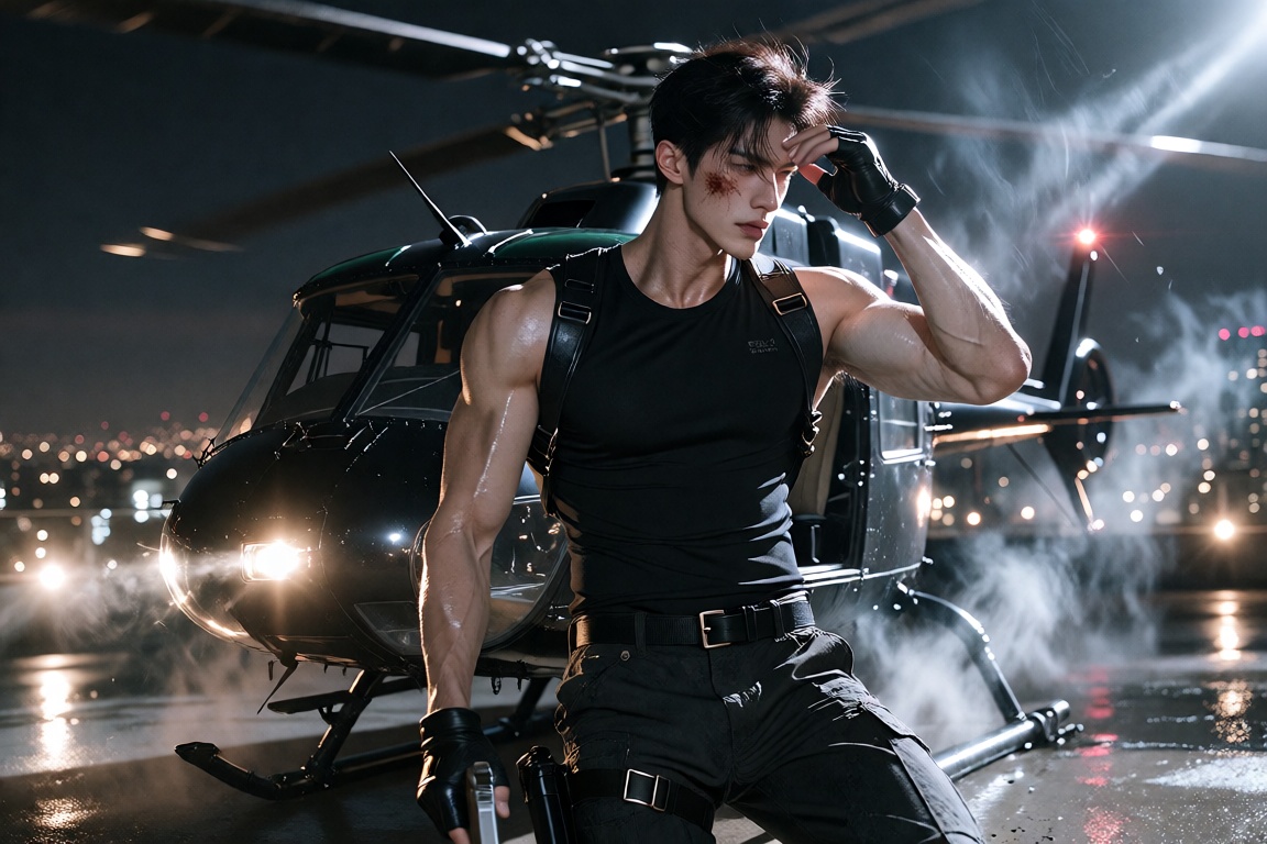 Cinematic blockbuster action-film still of an exceptionally handsome ***** East Asian man with short wind-swept black hair...