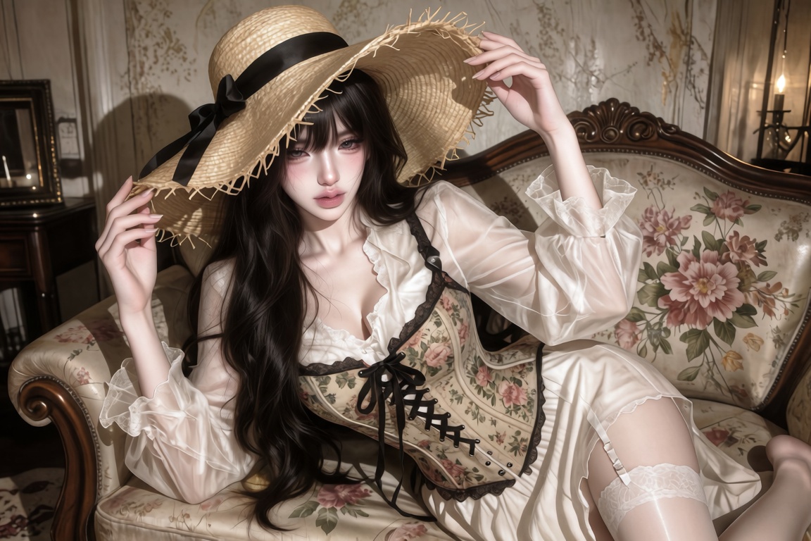 Medium portrait of a captivating young woman. Angle: High-angle shot. Pose: Reclining elegantly,  holding the wide brim of...