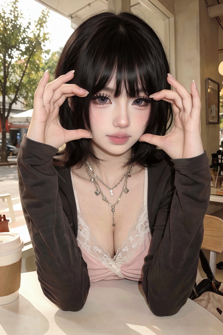 Medium portrait of a young woman. Angle: Eye-level shot. Pose: Leaning forward at a white table,  holding both hands up to...