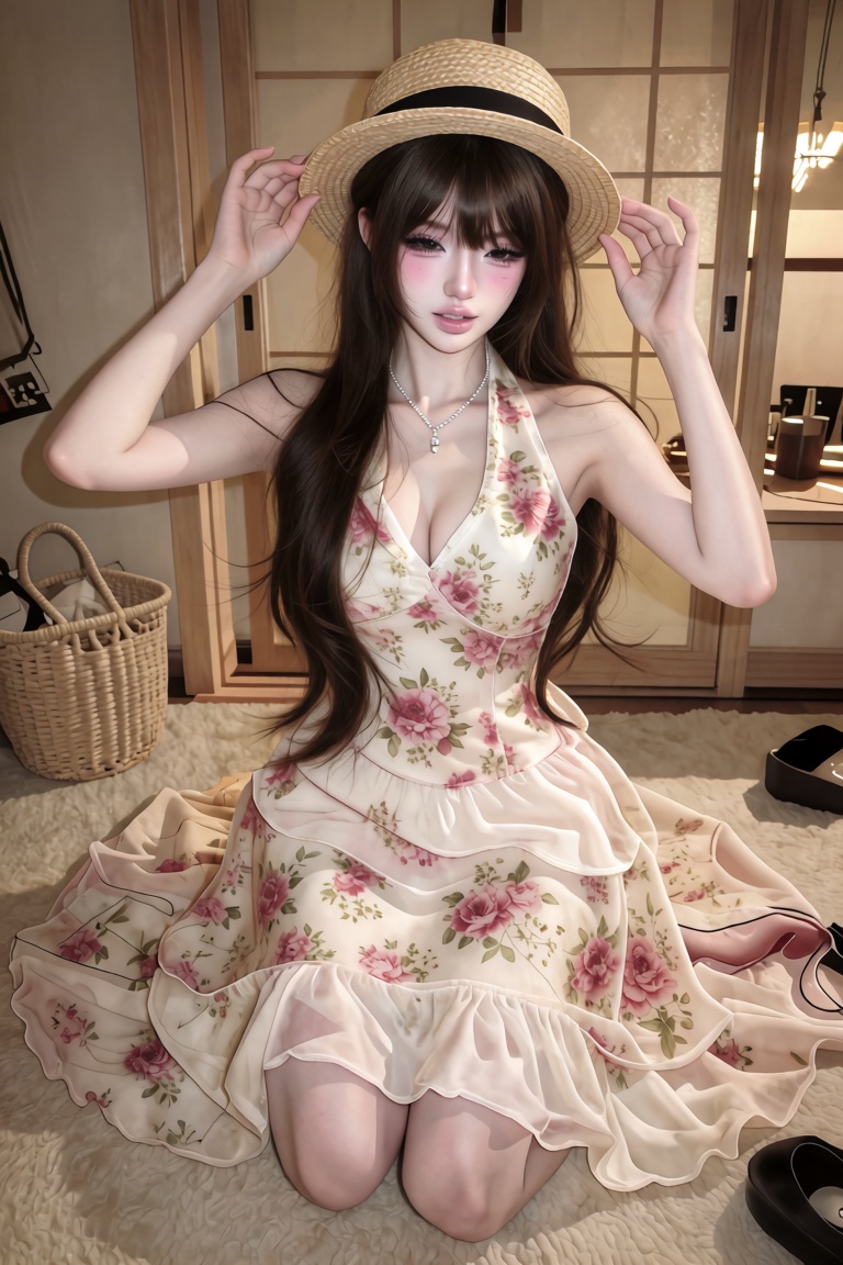Full-body portrait of a young woman. Angle: High-angle shot. Pose: Kneeling gracefully on the floor with her ruffled skirt...