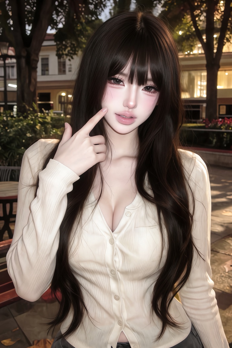 Thigh-up portrait of a beautiful young woman embodying a playful and mischievous casual Douyin aesthetic. Angle: Eye-level...