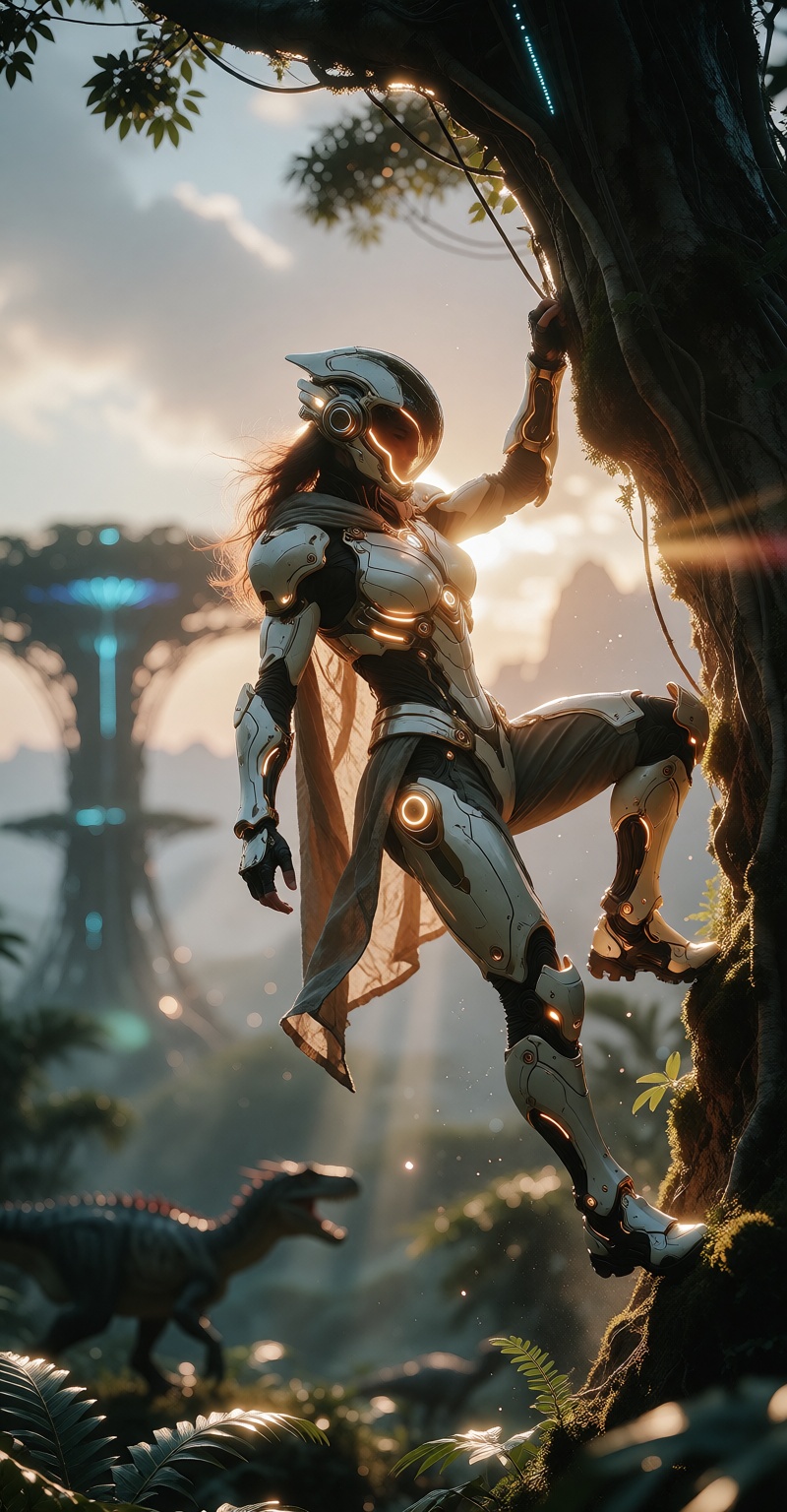 soft ambient occlusion,  ),  xq_beyond_armor Hyperrealistic cinematic photograph of a 25-year-old female explorer with lon...
