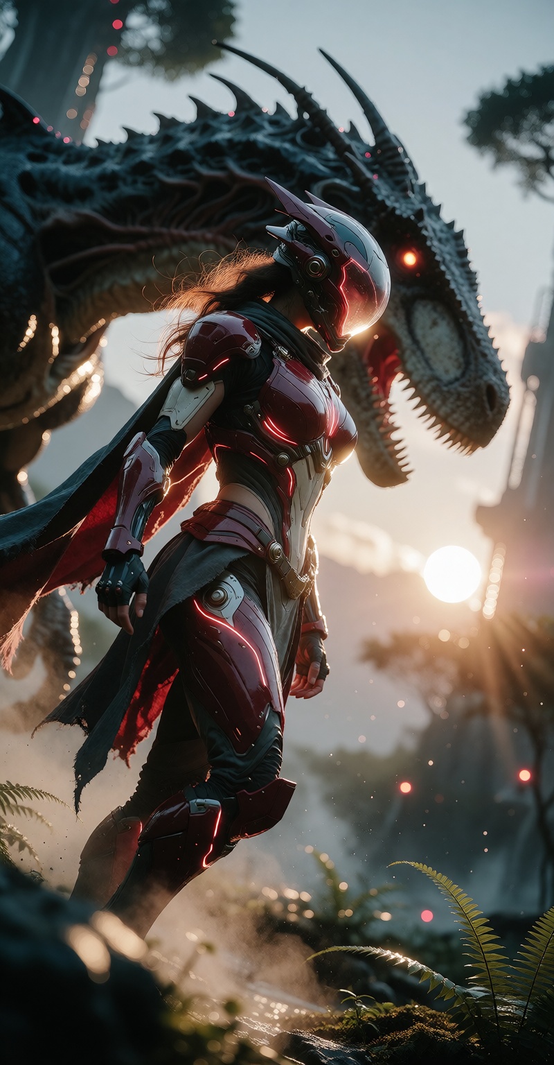soft ambient occlusion,  ),  xq_beyond_armor Hyperrealistic cinematic photograph of a 25-year-old female explorer with lon...