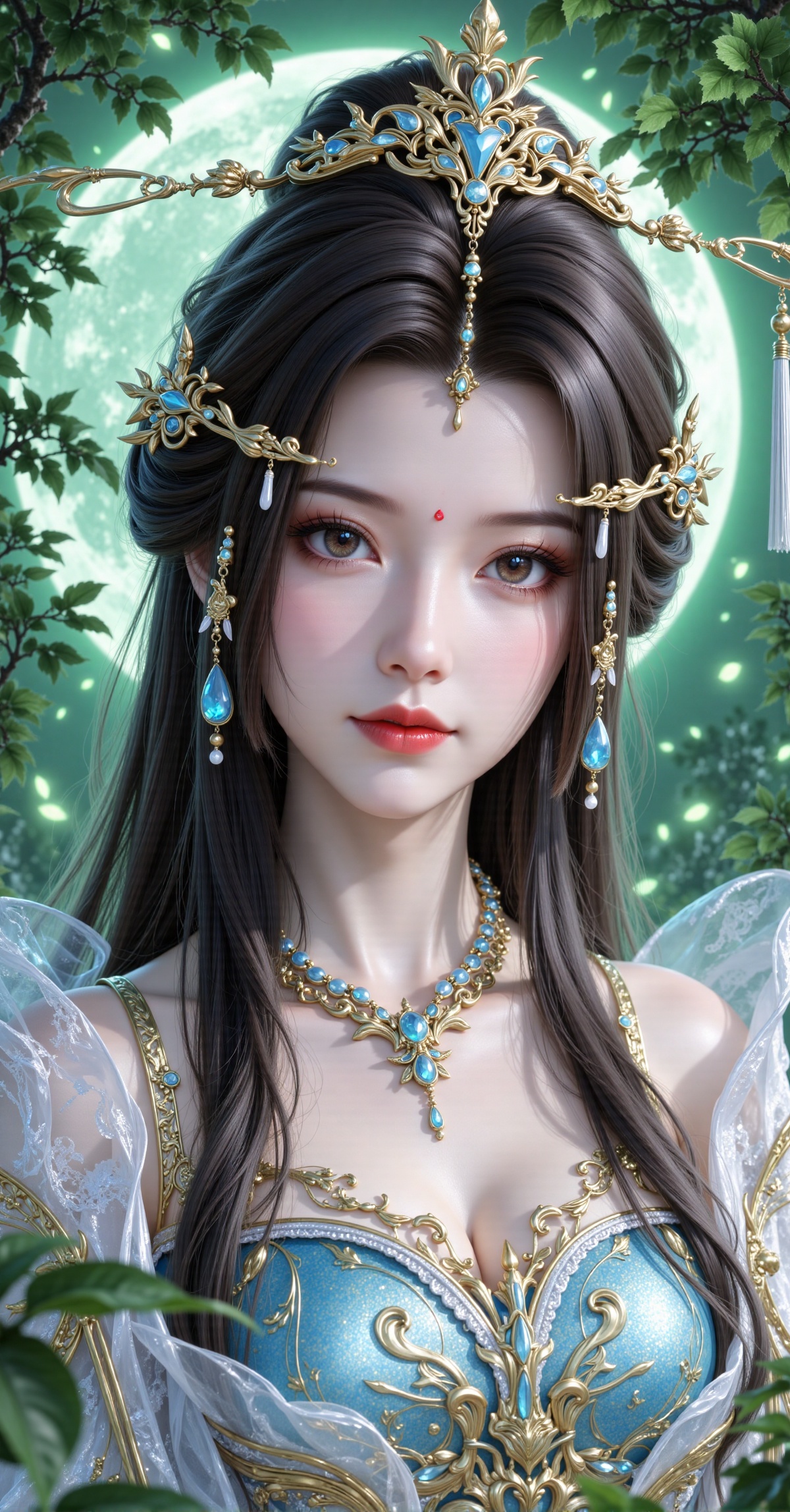 A highly detailed CGI rendering of a young Asian woman with fair skin and long,  dark brown hair adorned with ornate,  gol...