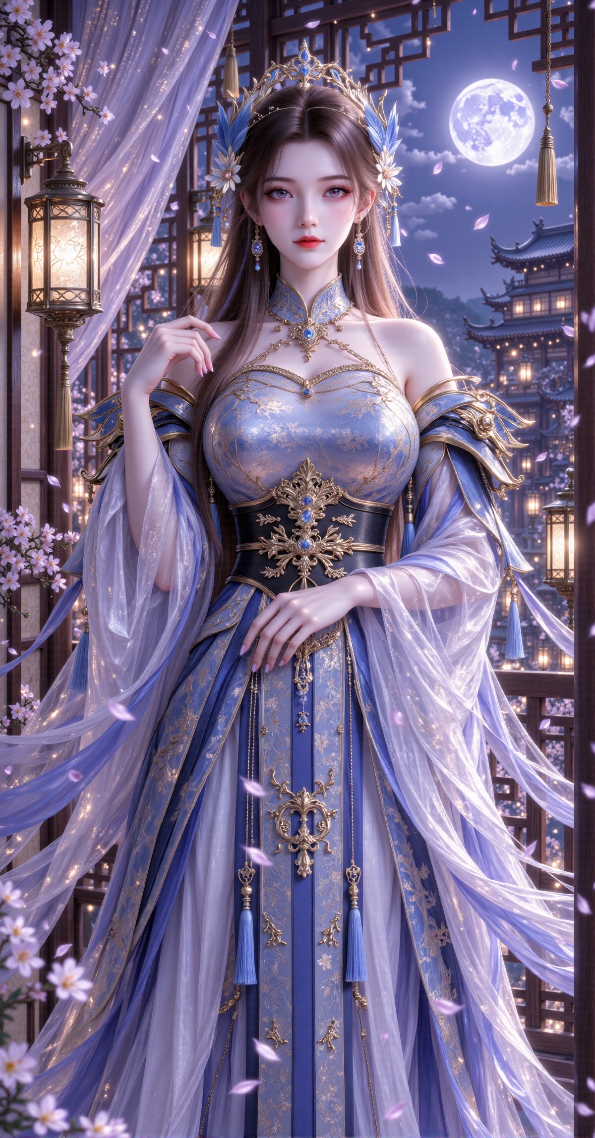 A highly detailed digital artwork depicts a beautiful,  fair-skinned woman with long brown hair,  adorned in an elaborate...