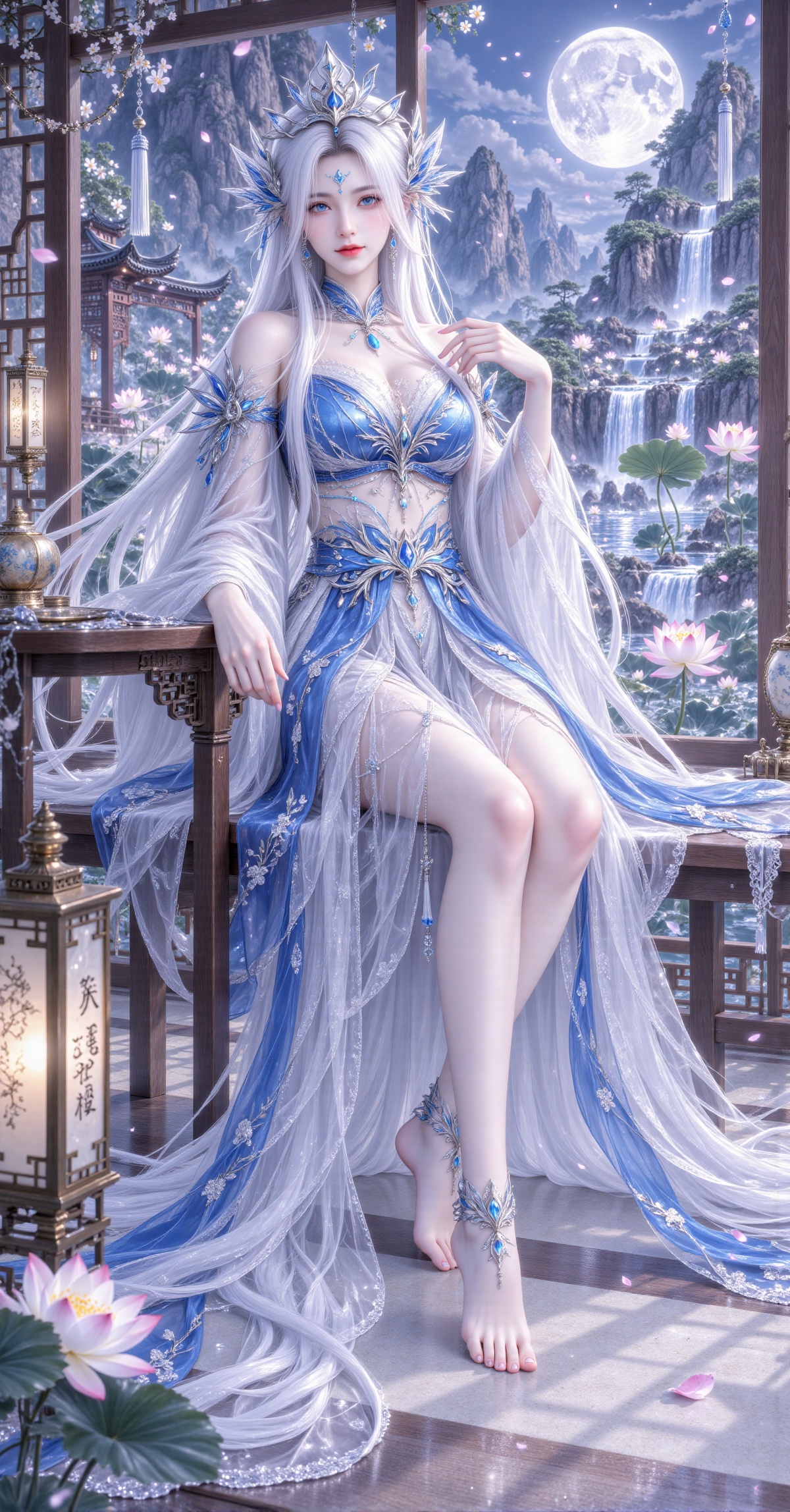 A stunning digital artwork of a pale-skinned,  ethereal woman with long,  flowing white hair by 千诗可叙 on Tensor.Art