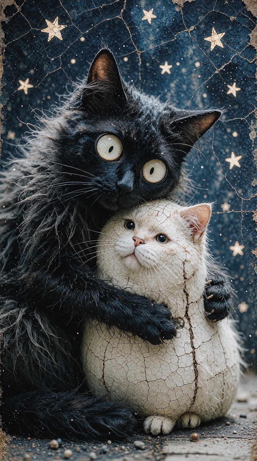 {"high_level_description":"A textured mixed-media illustration of a large,  shaggy black cat embracing a plump white cat u...