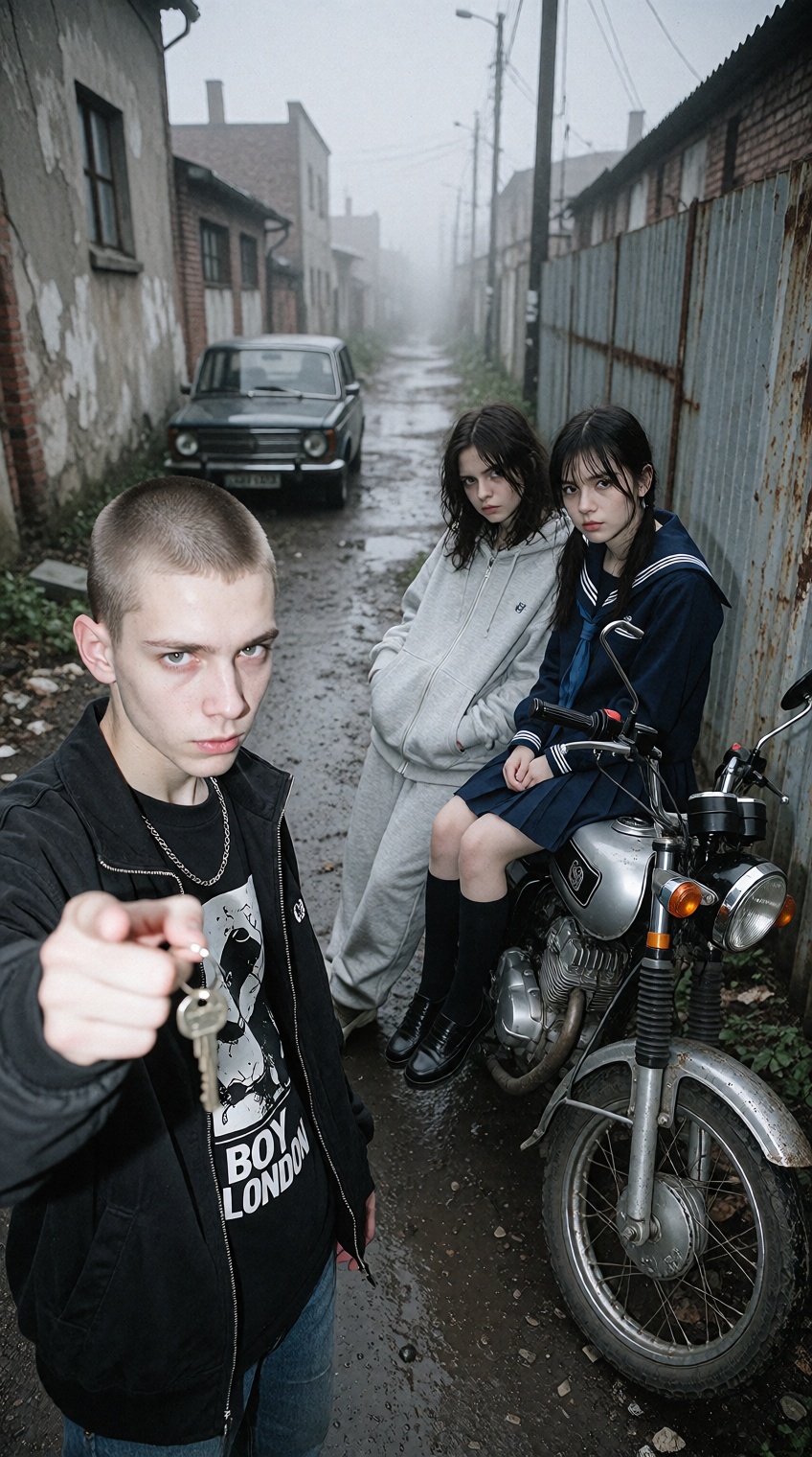 {"high_level_description":"Lo-fi,  grainy flash photograph of three youth posing in a bleak Eastern European industrial al...