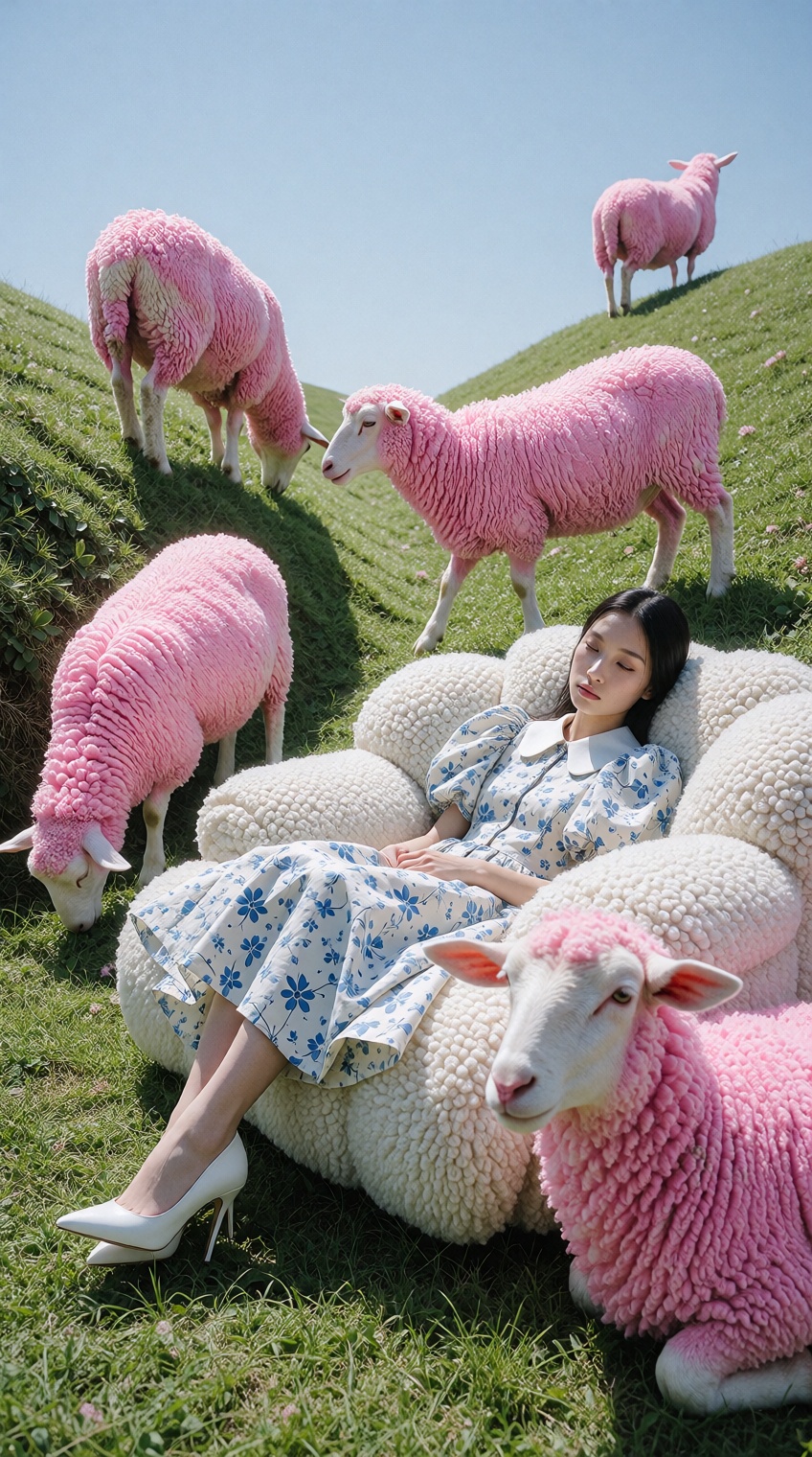 {"high_level_description":"A surreal fashion editorial featuring an East Asian model lounging on a textured white sherpa s...