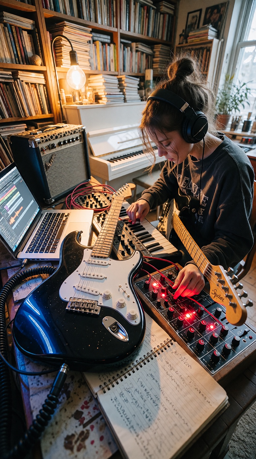 {"high_level_description":"A candid,  high-detail indoor photograph of a focused young woman in a cluttered home studio,...