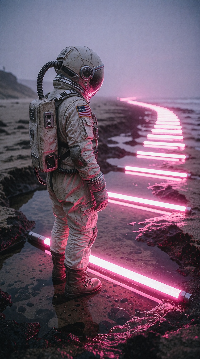 {"high_level_description":"A lone astronaut in a weathered flight suit stands in a tide pool at dusk,  gazing toward a dis...