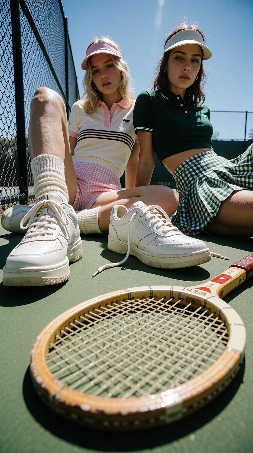 {"high_level_description":"A sun-drenched,  high-fashion editorial photograph of two young women in retro tennis attire lo...