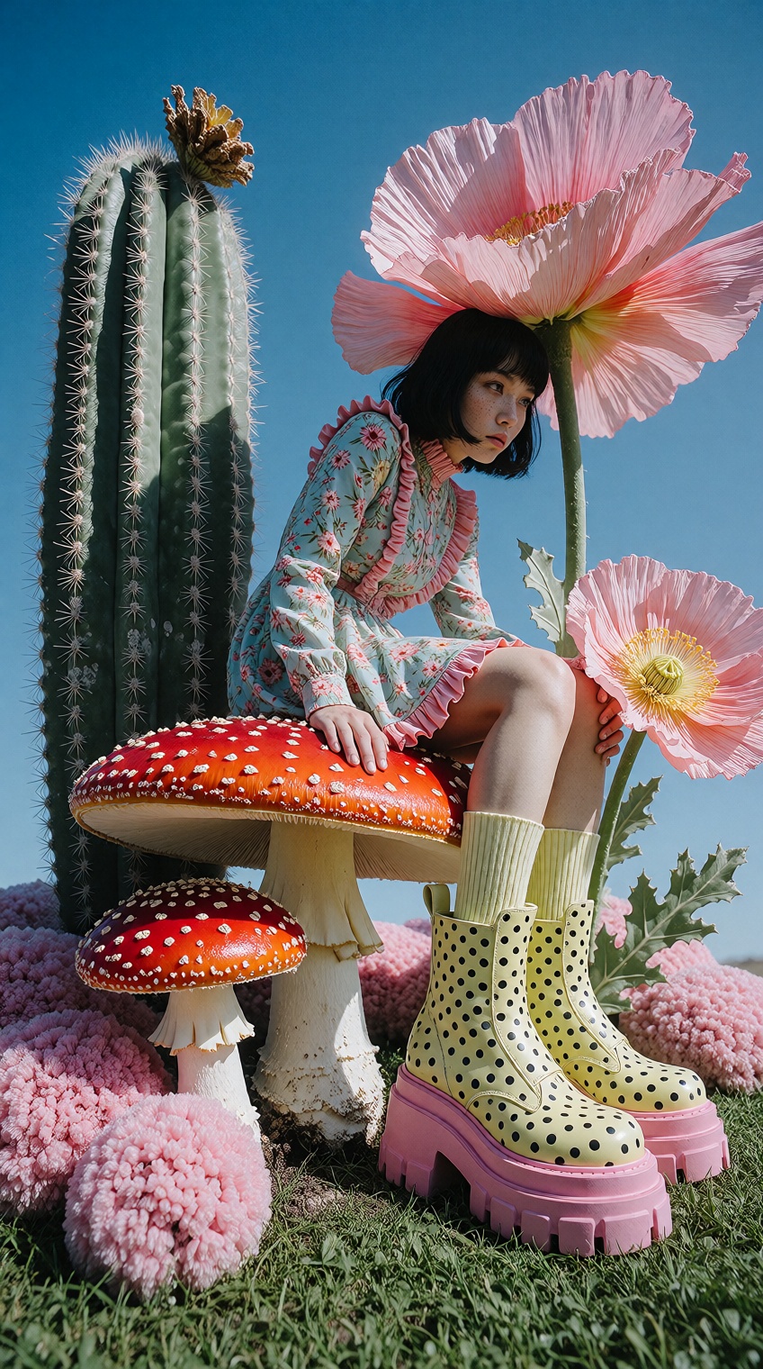 {"high_level_description":"A surrealist fashion portrait blending pop-art whimsy with high-end editorial aesthetics. A mel...