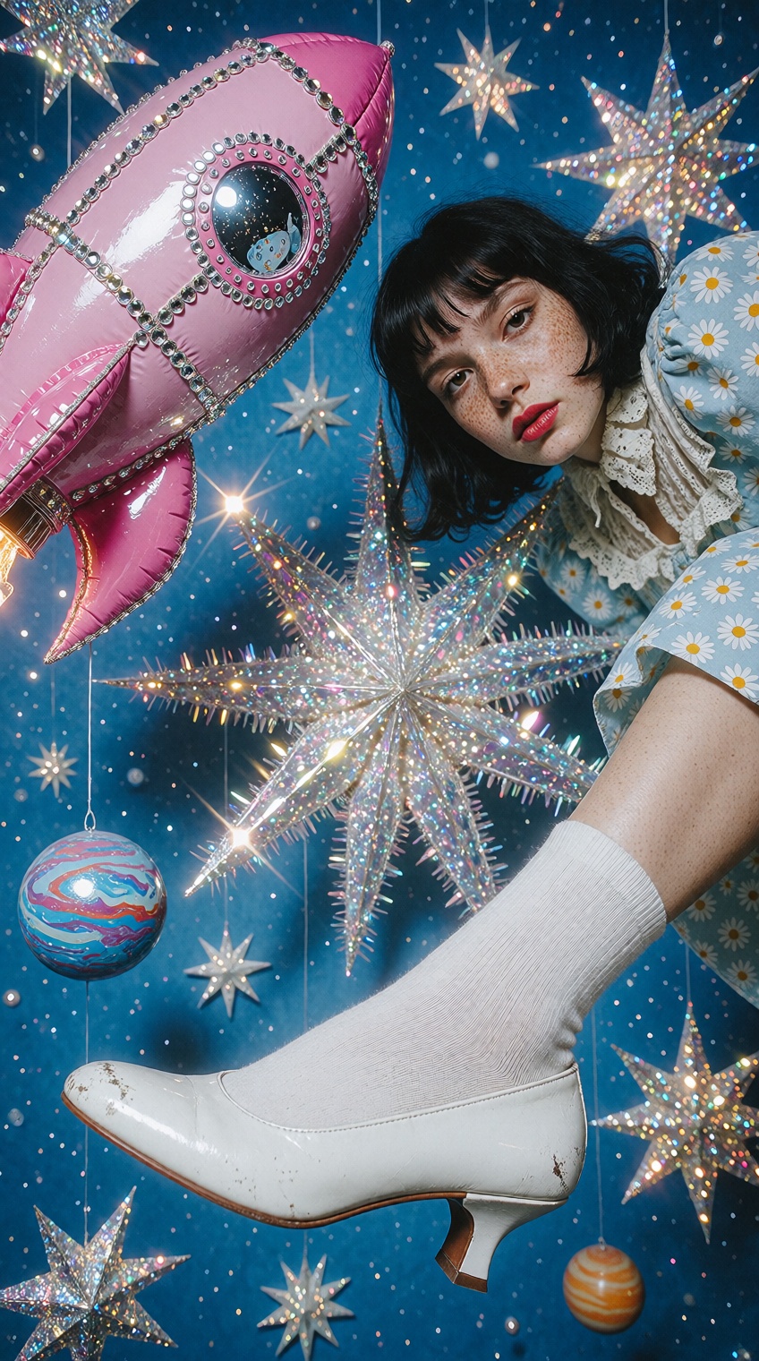 {"high_level_description":"A surreal vintage-inspired fashion portrait of a freckled woman floating in a dreamlike cosmic...
