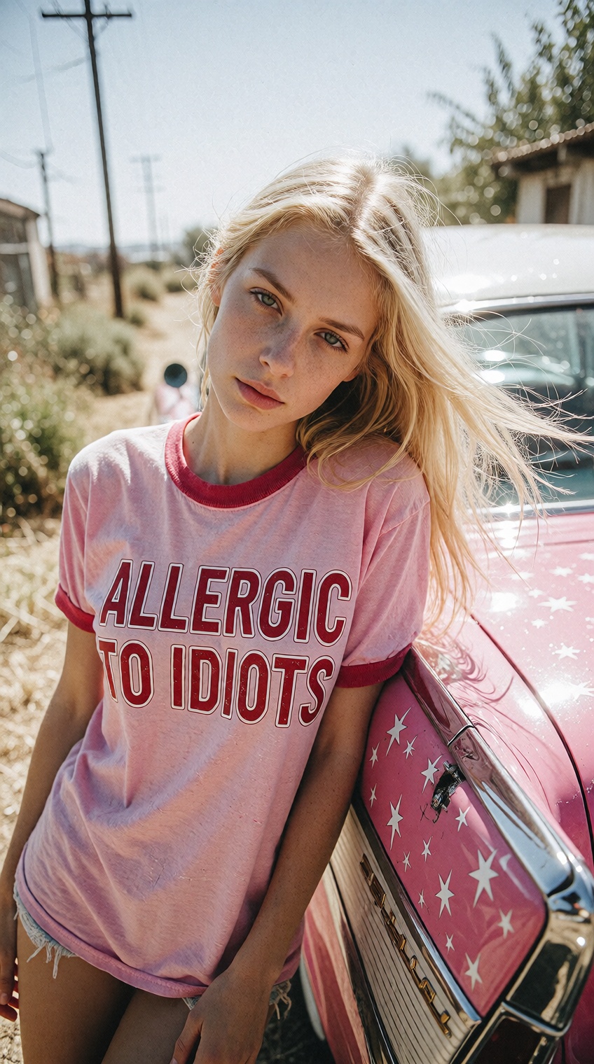 {"high_level_description":"Cinematic sun-drenched portrait of a blonde woman leaning against a vintage pink 1957 Chevrolet...