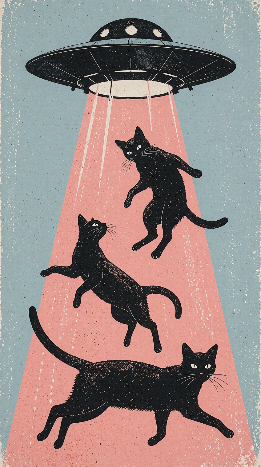 {"high_level_description":"A minimalist retro-illustration featuring a black UFO abducting three silhouette cats within a...