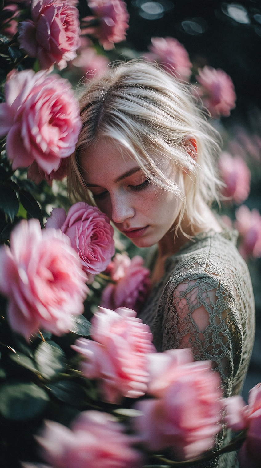{"high_level_description":"A dreamy,  soft-focus portrait of a young blonde woman amidst a sea of blurred pink roses. The...