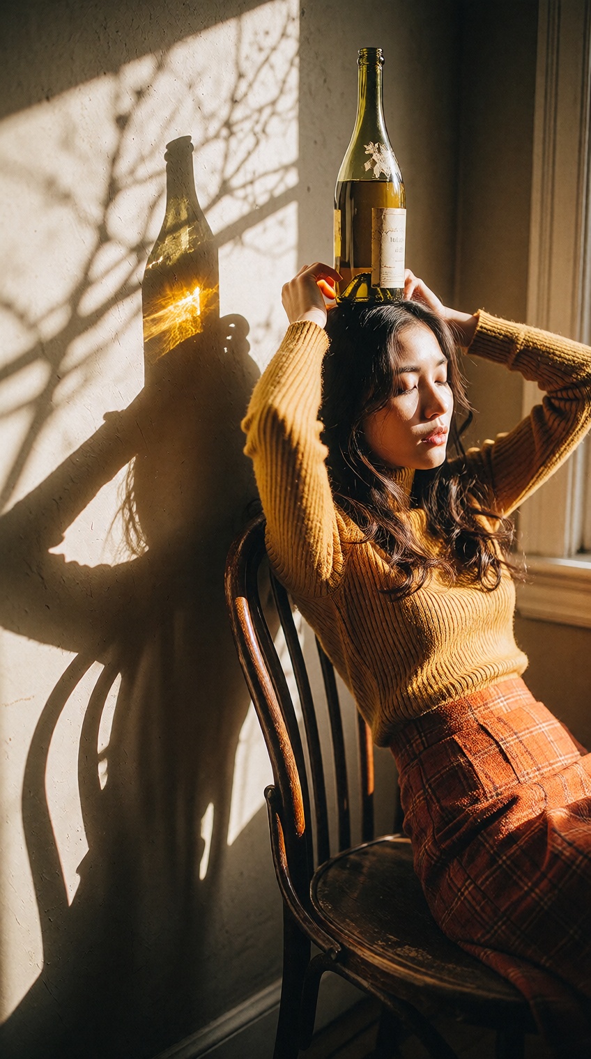 {"high_level_description":"A cinematic,  high-contrast portrait of a young woman in a sun-drenched room,  balancing a glas...