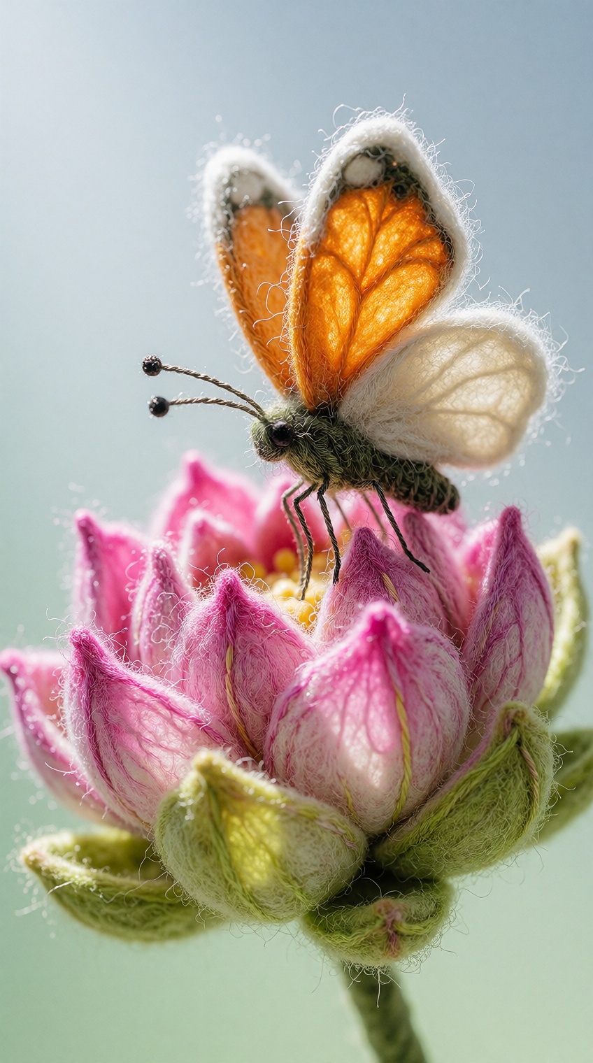 {"high_level_description":"A needle-felted wool sculpture of a blooming lotus flower and a resting butterfly. The scene is...
