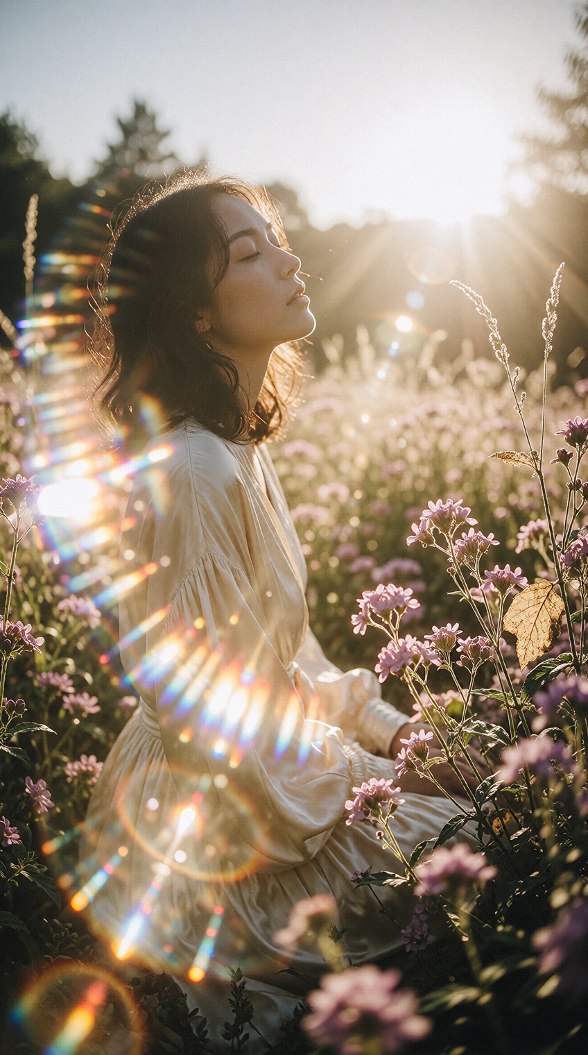 {"high_level_description":"A serene cinematic medium shot of a young woman basking in golden hour light within a sun-drenc...