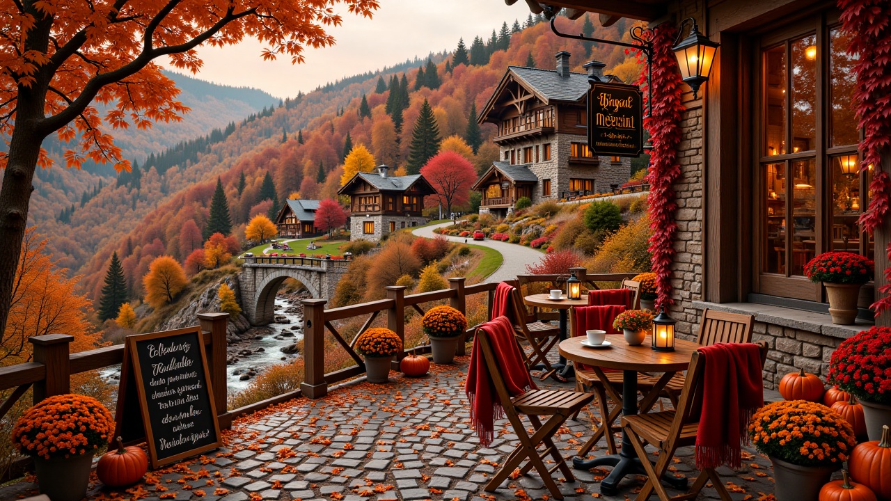 hillcafecorner,  Cozy alpine cafe terrace overlooking a scenic mountain village during peak autumn. Scene Content: - Main...