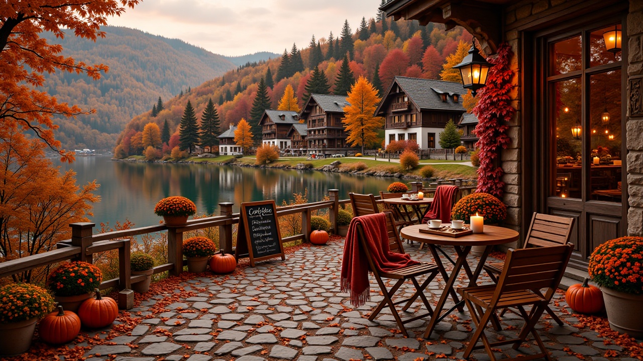 hillcafecorner,  A serene,  rustic lakeside coffee shop patio set against a vibrant alpine autumn landscape. Scene Content...