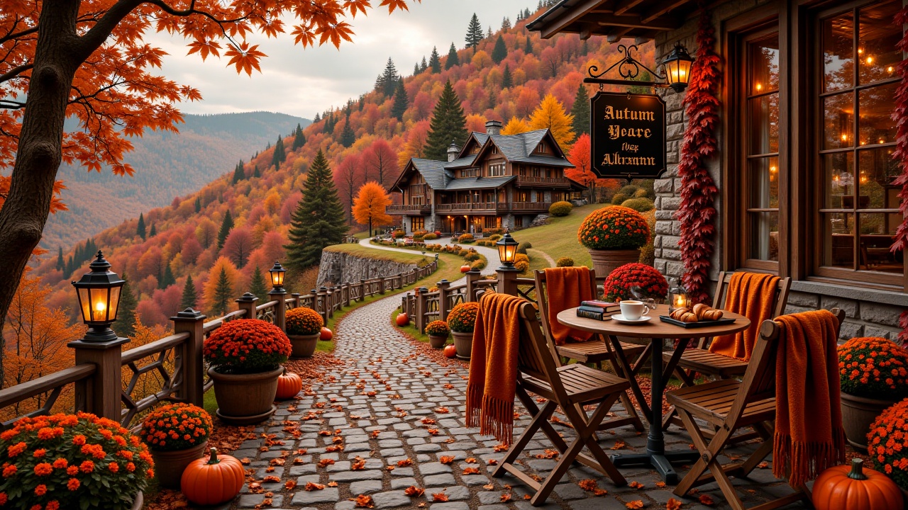 hillcafecorner,  Cozy mountain cafe terrace overlooking a vibrant autumnal valley. Scene Content: - Main Subject: Rustic s...