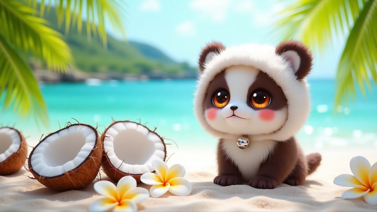 sleepanimal,  - Main Subject: A tiny,  fluffy creature resembling a panda-dog hybrid wearing a plush panda hood. It featur...