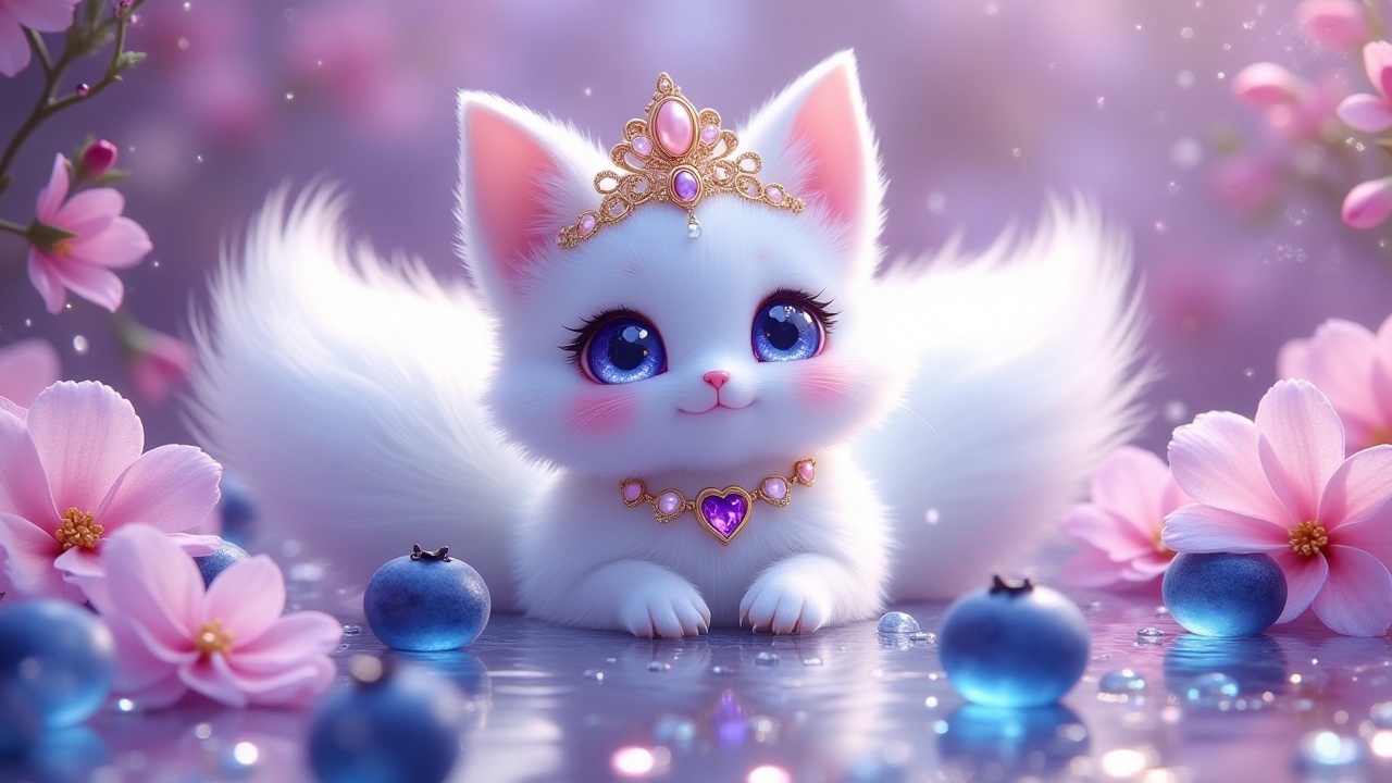 sleepanimal,  - Main Subject: Adorable white kitsune with macro-detailed iridescent fur. Large,  expressive sapphire eyes...